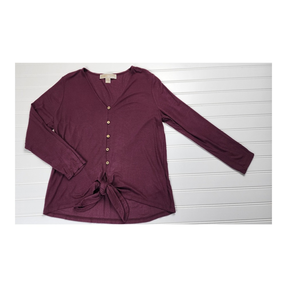 Michael Kors Ribbed V Neck Long Sleeve Tie Front‎ Top Burgundy Size Small